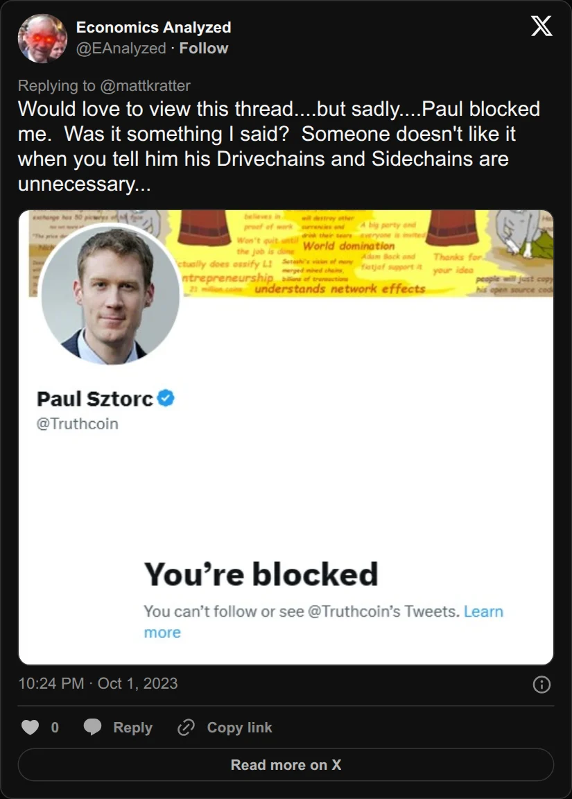 Archival rendering of an X post by Economics Analyzed: “Someone doesn't like it when you tell him his Drivechains and Sidechains are unnecessary.”