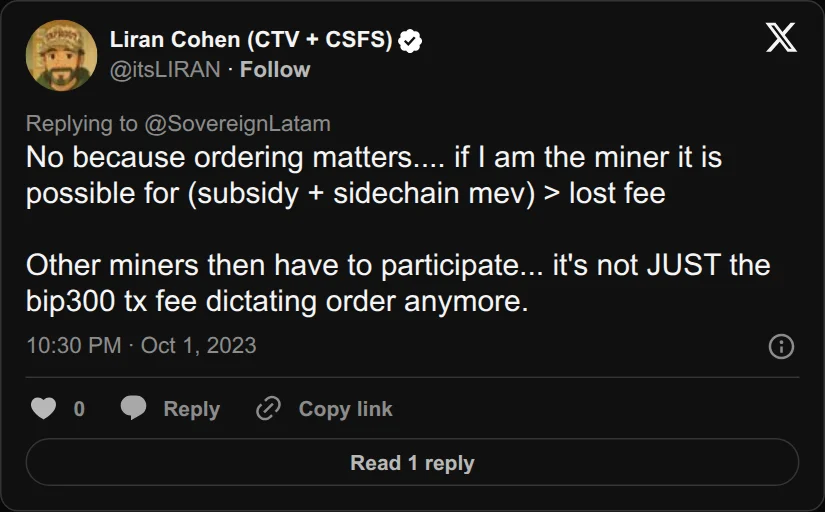 Archival rendering of an X post by Liran Cohen (CTV + CSFS): “No because ordering matters.... if I am the miner it is possible for (subsidy + sidechain mev) > lost fee Other miners then have…”