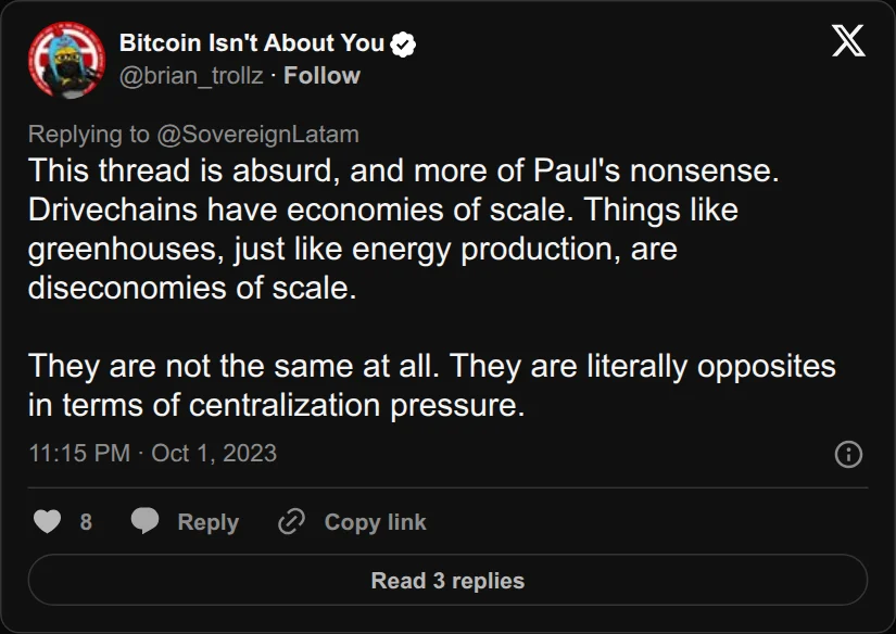 Archival rendering of an X post by Bitcoin Isn't About You: “Drivechains have economies of scale... They are literally opposites in terms of centralization pressure.”