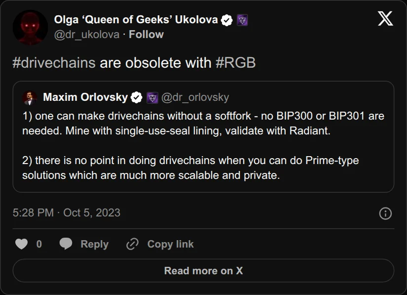 Archival rendering of an X post by Olga ‘Queen of Geeks’ Ukolova: “#drivechains are obsolete with #RGB”
