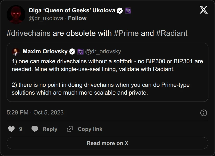 Archival rendering of an X post by Olga ‘Queen of Geeks’ Ukolova: “#drivechains are obsolete with #Prime and #Radiant”