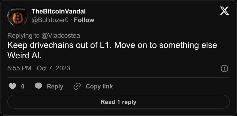 Archival rendering of an X post by TheBitcoinVandal: “Keep drivechains out of L1. Move on to something else Weird Al.”