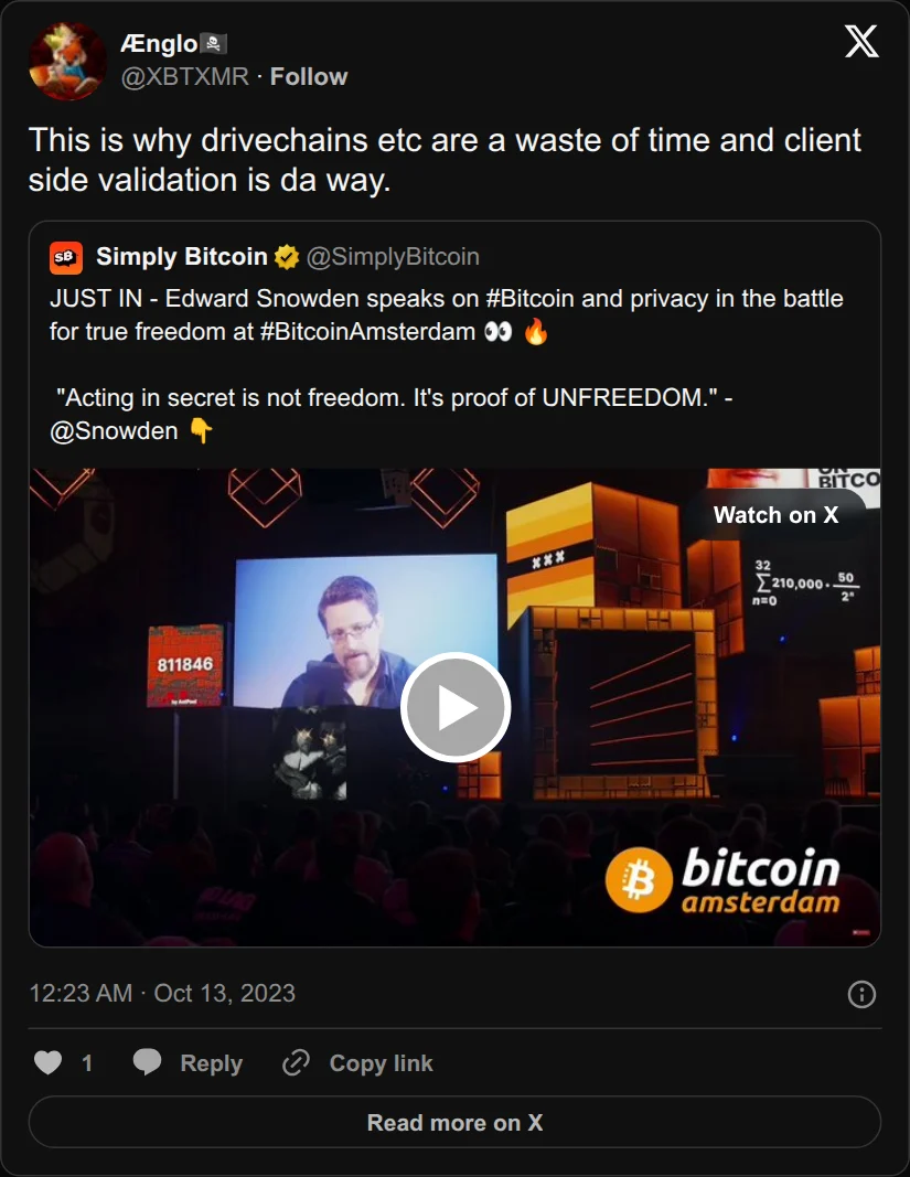 Archival rendering of an X post by Ænglo🏴‍☠️: “This is why drivechains etc are a waste of time and client side validation is da way.”