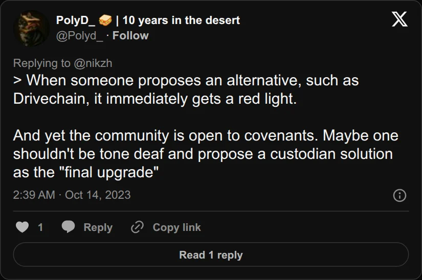 Archival rendering of an X post by PolyD: “Maybe one shouldn’t be tone deaf and propose a custodian solution as the ‘final upgrade.’”