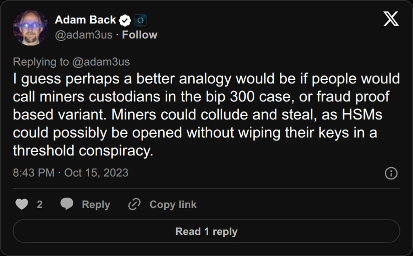Archival rendering of an X post by Adam Back: “Miners could collude and steal.”
