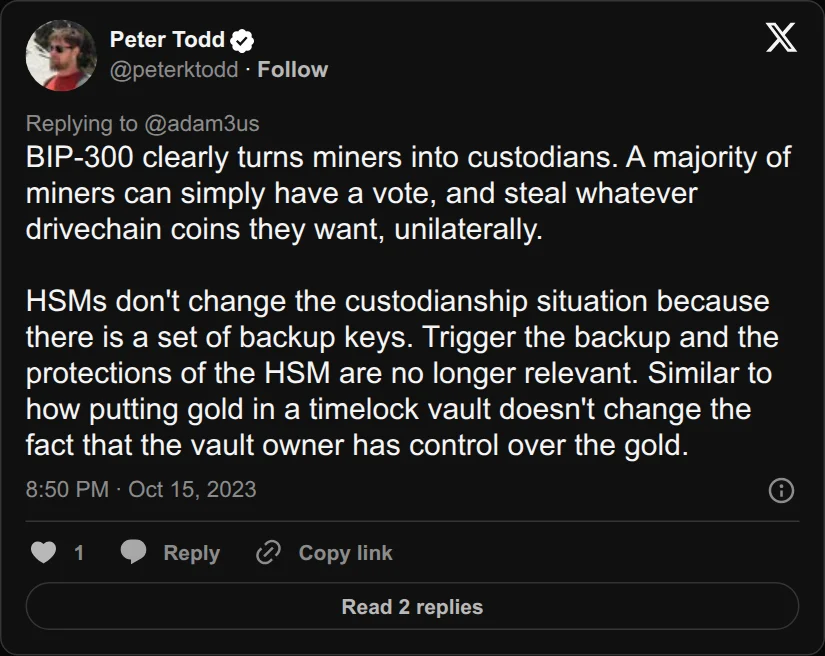 Archival rendering of an X post by Peter Todd: “A majority of miners can simply have a vote, and steal whatever drivechain coins they want, unilaterally.”
