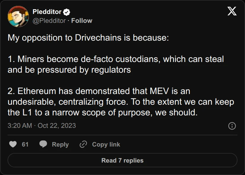 Archival rendering of an X post by Pledditor: “Miners become de-facto custodians, which can steal and be pressured by regulators.”