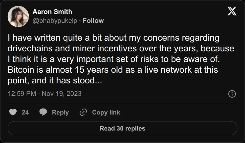 Archival rendering of an X post by Aaron Smith: “I have written quite a bit about my concerns regarding drivechains and miner incentives over the years, because I think it is a very…”