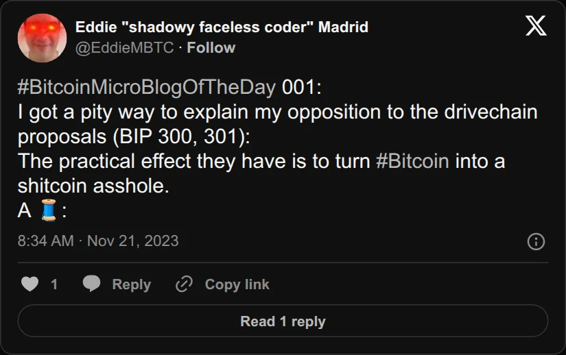 Archival rendering of an X post by Eddie "shadowy faceless coder" Madrid: “The practical effect they have is to turn #Bitcoin into a shitcoin asshole.”