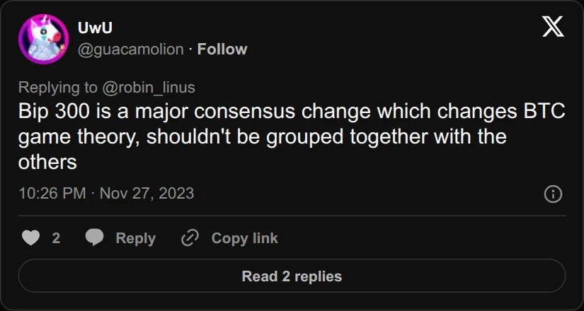 Archival rendering of an X post by UwU: “Bip 300 is a major consensus change which changes BTC game theory.”