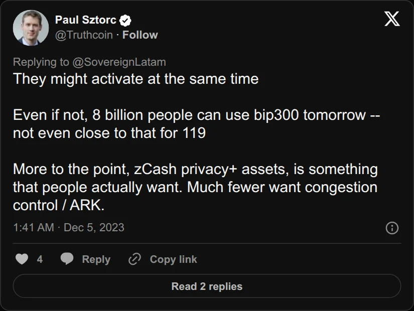 Archival rendering of an X post by Paul Sztorc: “@George203BTC @Pledditor They might activate at the same time Even if not, 8 billion people can use bip300 tomorrow -- not even close to that for 119 More to the point, zCash privacy+ assets, is something that people actually want. Much fewer want congestion control / ARK.”