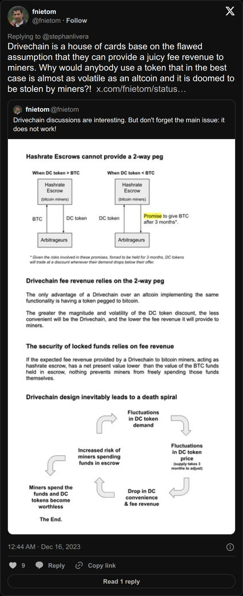 Archival rendering of an X post by fnietom: “Why would anybody use a token that … is doomed to be stolen by miners?!”