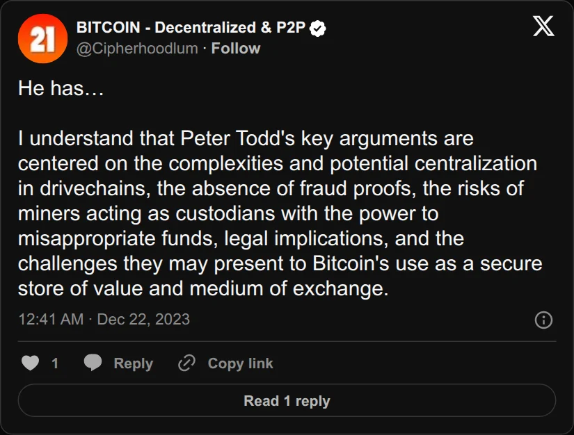 Archival rendering of an X post by BITCOIN - Decentralized & P2P: “He has… I understand that Peter Todd's key arguments are centered on the complexities and potential centralization in drivechains, the absence of fraud proofs,…”