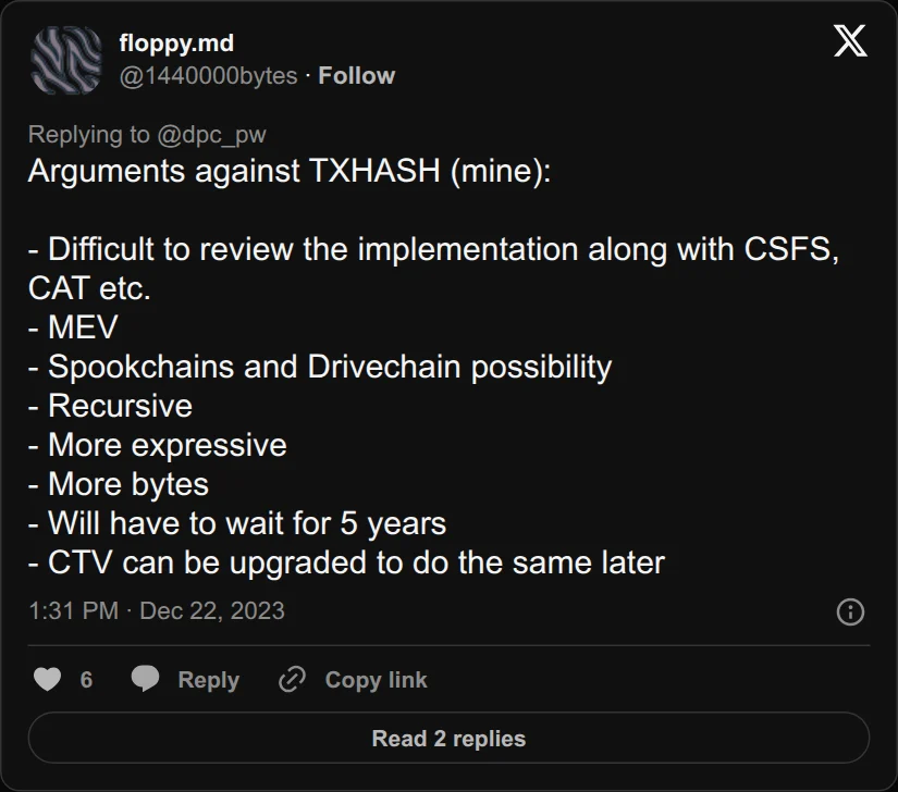 Archival rendering of an X post by floppy.md: “Arguments against TXHASH: … MEV; Spookchains and Drivechain possibility.”