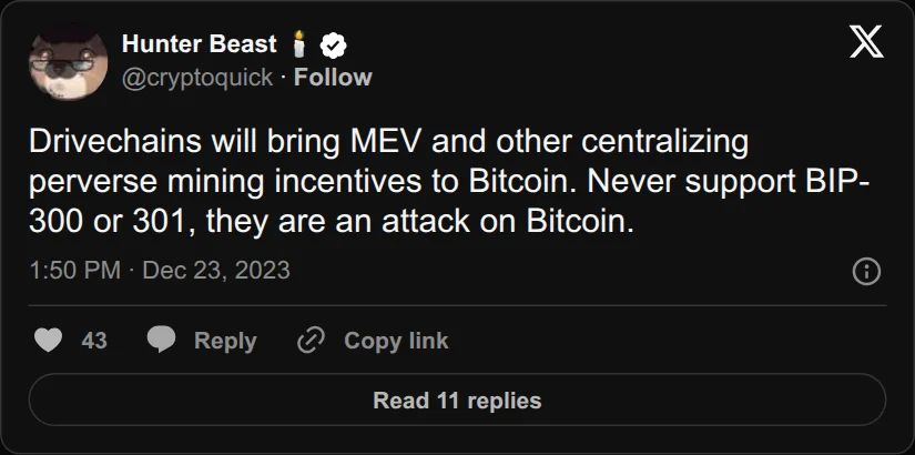 Archival rendering of an X post by Hunter Beast 🕯️: “Drivechains will bring MEV and other centralizing perverse mining incentives to Bitcoin. Never support BIP-300 or 301, they are an attack on Bitcoin.”