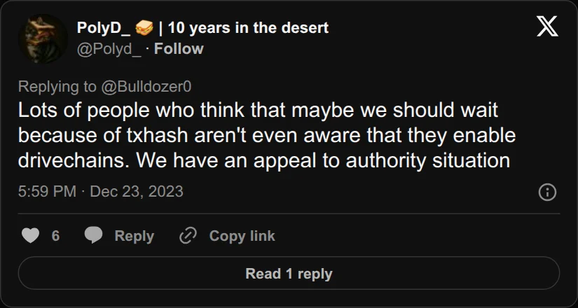 Archival rendering of an X post by PolyD: “Lots of people who think that maybe we should wait … aren’t even aware that they enable drivechains.”