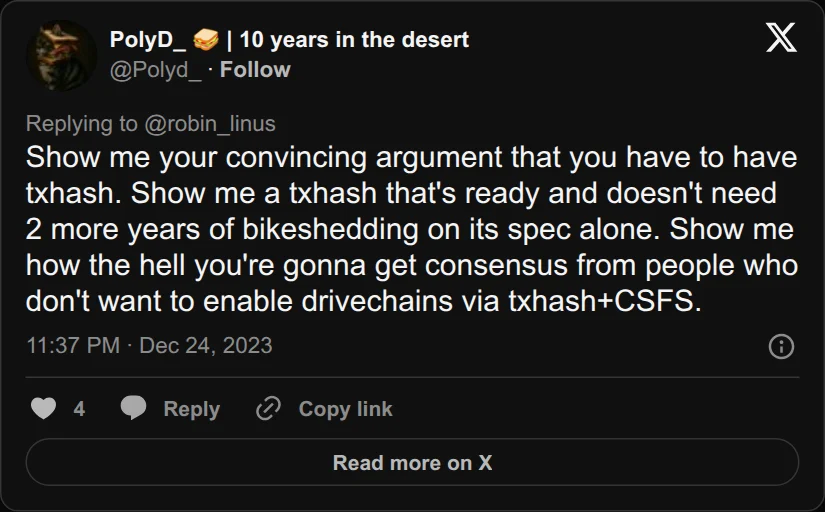 Archival rendering of an X post by PolyD: “Show me a txhash that’s ready and doesn’t need two more years of bikeshedding on its spec alone.”
