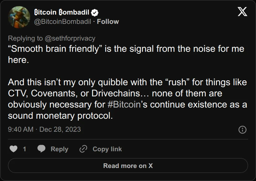 Archival rendering of an X post by Bitcoin Bombadil: “This isn’t my only quibble with the ‘rush’ for things like CTV, Covenants, or Drivechains.”