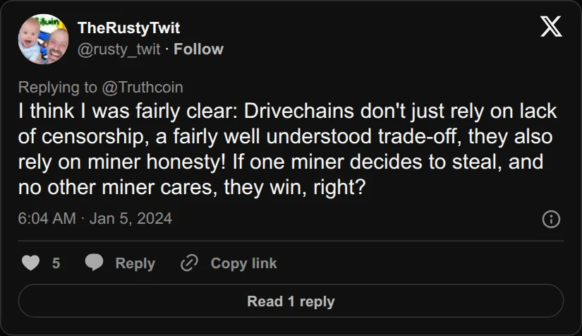 Archival rendering of an X post by TheRustyTwit: “If one miner decides to steal, and no other miner cares, they win, right?”