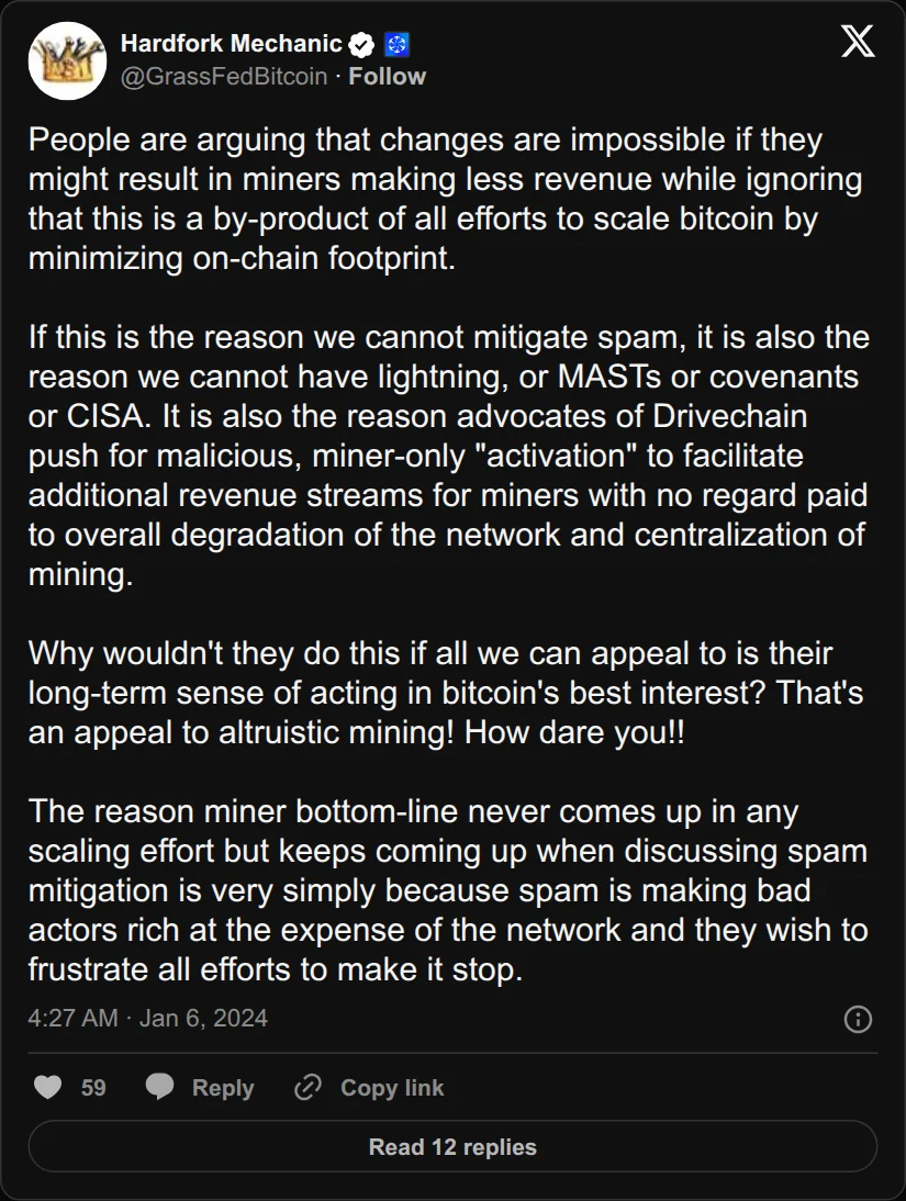 Archival rendering of an X post by Hardfork Mechanic: “Advocates of Drivechain push for malicious, miner-only ‘activation’ to facilitate additional revenue streams for miners … and centralization of mining.”