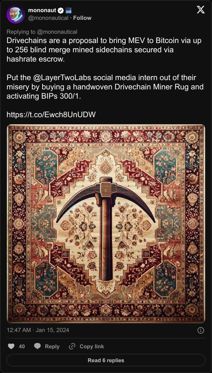 Archival rendering of an X post by mononaut: “Drivechains are a proposal to bring MEV to Bitcoin via up to 256 blind merge mined sidechains secured via hashrate escrow.”