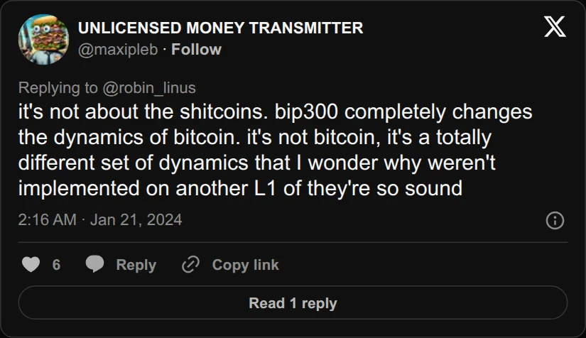 Archival rendering of an X post by UNLICENSED MONEY TRANSMITTER: “Bip300 completely changes the dynamics of bitcoin. It’s not bitcoin, it’s a totally different set of dynamics.”
