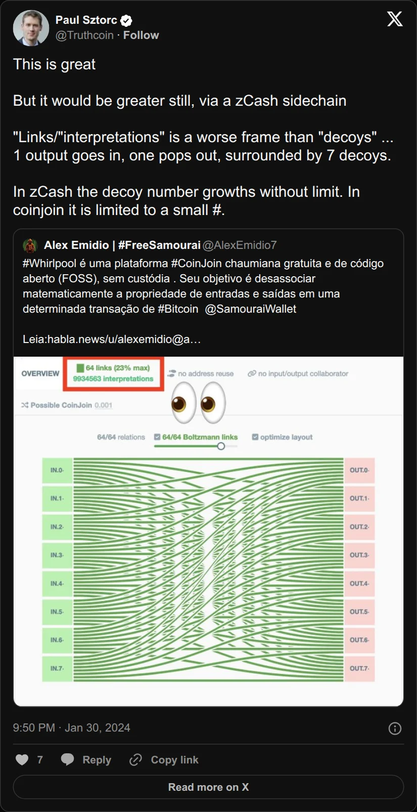 Archival rendering of an X post by Paul Sztorc: “This is great But it would be greater still, via a zCash sidechain "Links/"interpretations" is a worse frame than "decoys" ... 1 output goes in, one pops out, surrounded by 7 decoys. In zCash the decoy number growths without limit. In coinjoin it is limited to a small #. https://t.co/xsNfIfZpuh”