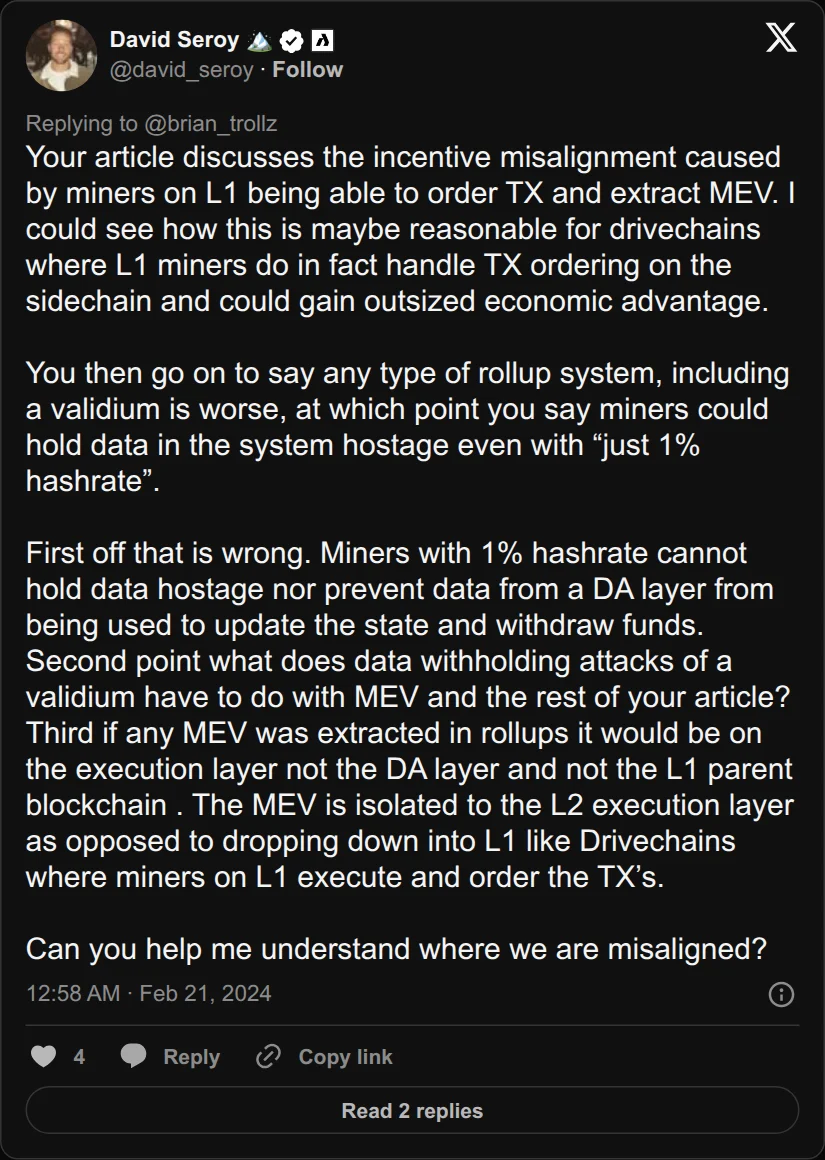 Archival rendering of an X post by David Seroy: “For drivechains … L1 miners do in fact handle TX ordering on the sidechain and could gain outsized economic advantage.”