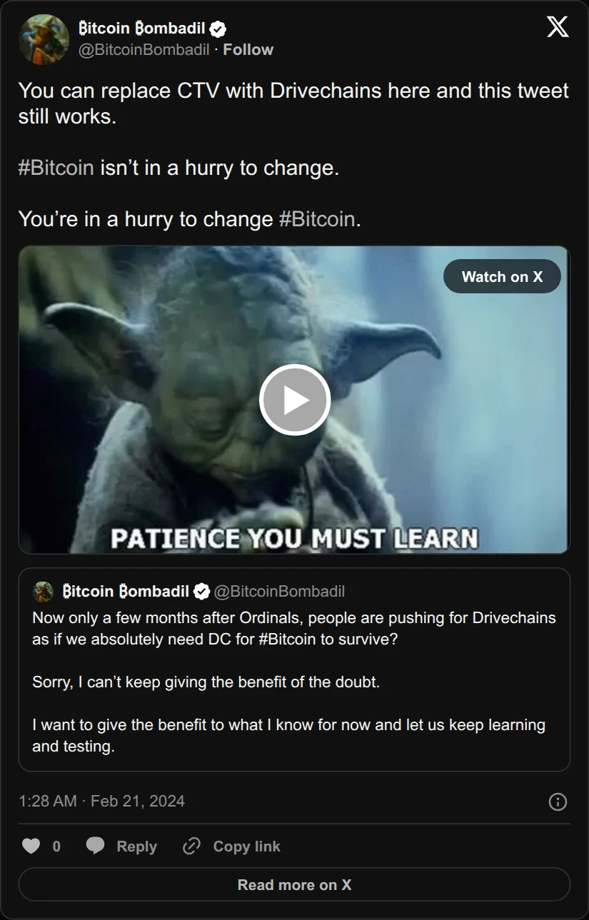 Archival rendering of an X post by Bitcoin Bombadil: “Bitcoin isn’t in a hurry to change. You’re in a hurry to change Bitcoin.”