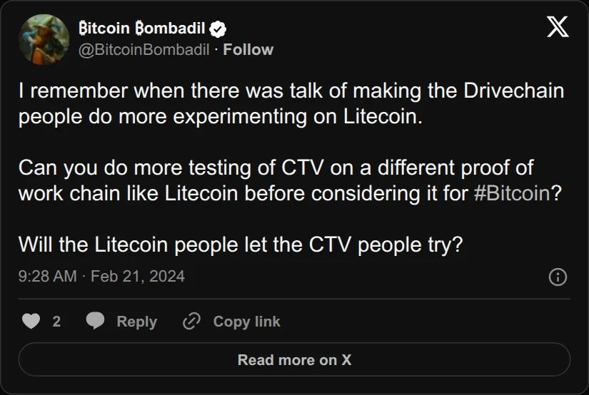 Archival rendering of an X post by Bitcoin Bombadil: “There was talk of making the Drivechain people do more experimenting on Litecoin.”