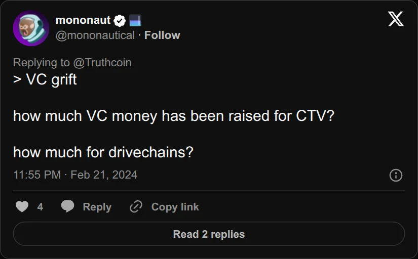 Archival rendering of an X post by mononaut: “How much VC money has been raised for CTV? How much for drivechains?”