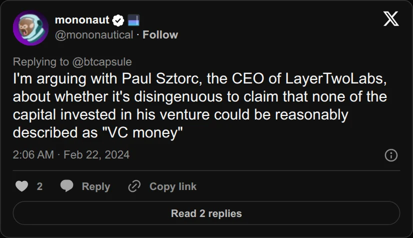 Archival rendering of an X post by mononaut: “Is it disingenuous to claim that none of the capital invested in his venture could be reasonably described as ‘VC money’[?]”