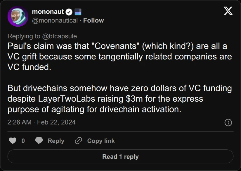 Archival rendering of an X post by mononaut: “LayerTwoLabs rais[ed] $3m for the express purpose of agitating for drivechain activation.”