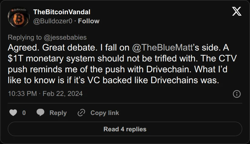 Archival rendering of an X post by TheBitcoinVandal: “What I’d like to know is if it’s VC backed like Drivechains was.”