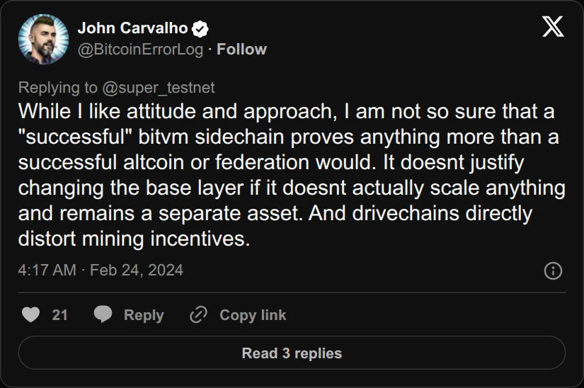 Archival rendering of an X post by John Carvalho: “Drivechains directly distort mining incentives.”