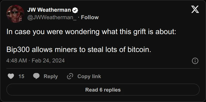 Archival rendering of an X post by JW Weatherman: “Bip300 allows miners to steal lots of bitcoin.”