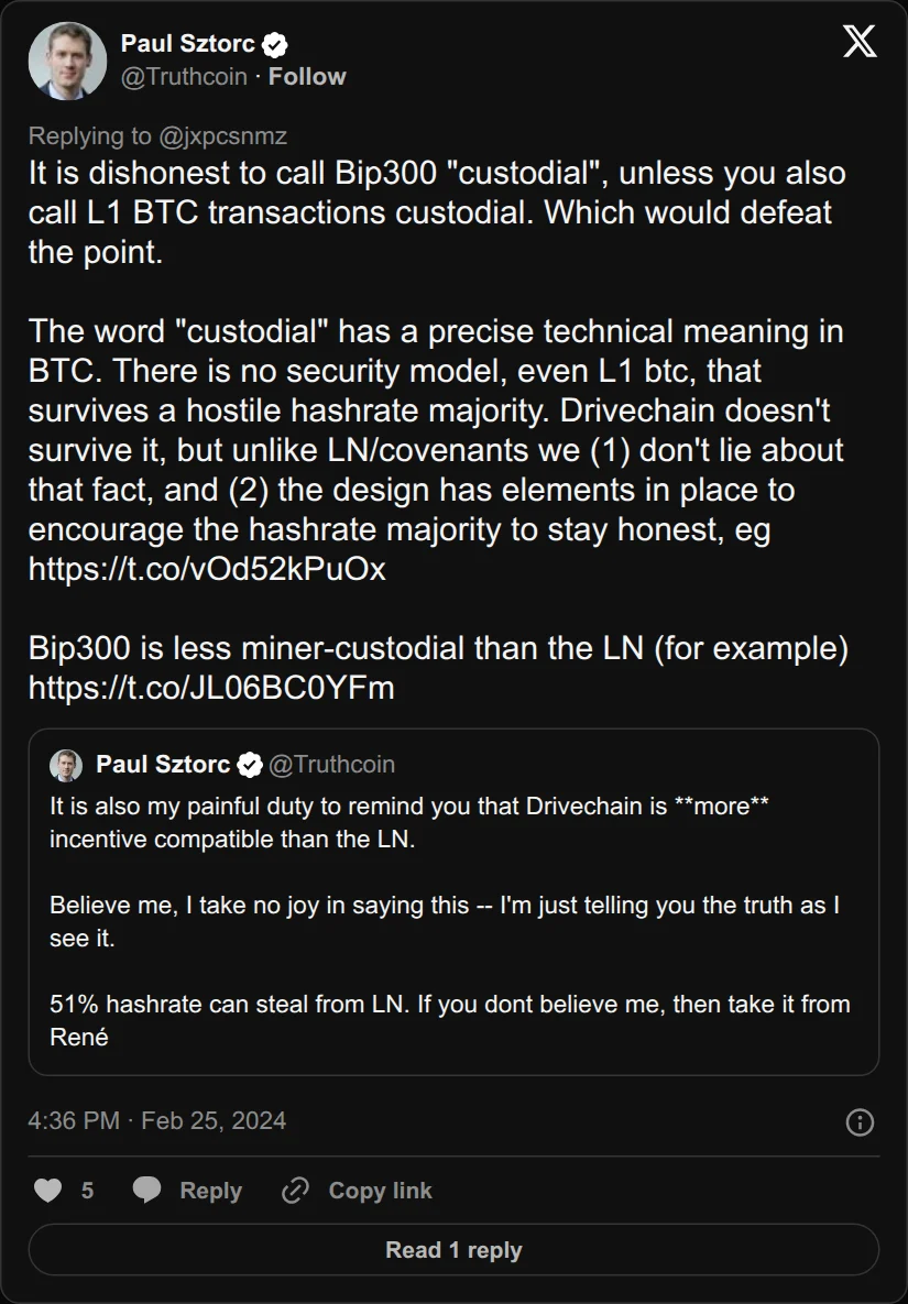 Archival rendering of an X post by Paul Sztorc: “@jxpcsnmz @btcapsule @mononautical It is dishonest to call Bip300 "custodial", unless you also call L1 BTC transactions custodial. Which would defeat the point. The word "custodial" has a precise technical meaning in BTC. There is no security model, even L1 btc, that survives a hostile hashrate majority. https://t.co/JL06BC0YFm”