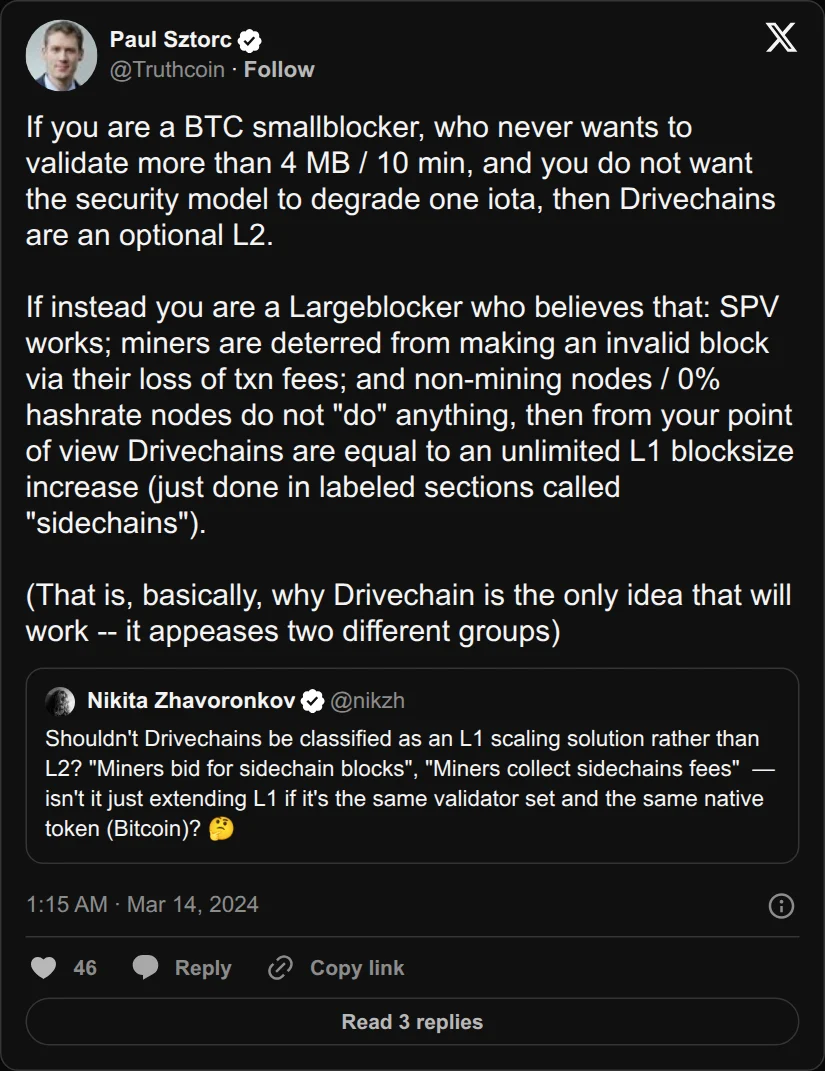 Archival rendering of an X post by Paul Sztorc: “If you are a BTC smallblocker, who never wants to validate more than 4 MB / 10 min, and you do not want the security model to degrade one iota, then Drivechains are an optional L2. If instead you are a Largeblocker who believes that: SPV works; miners are deterred from making an https://t.co/EkOsznAnY4”