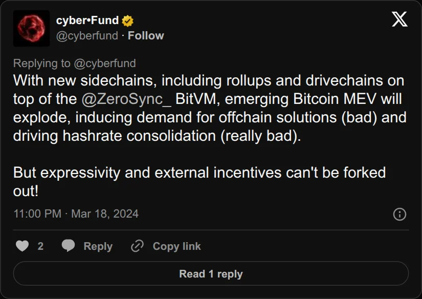 Archival rendering of an X post by cyber•Fund: “Bitcoin MEV will explode … driving hashrate consolidation.”
