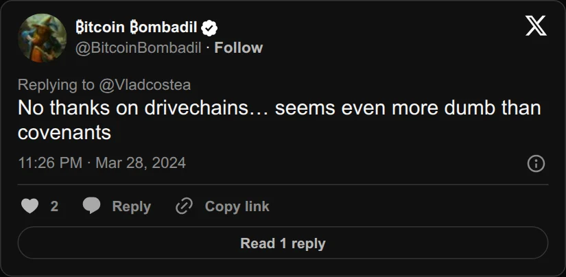 Archival rendering of an X post by Bitcoin Bombadil: “No thanks on drivechains … seems even more dumb than covenants.”