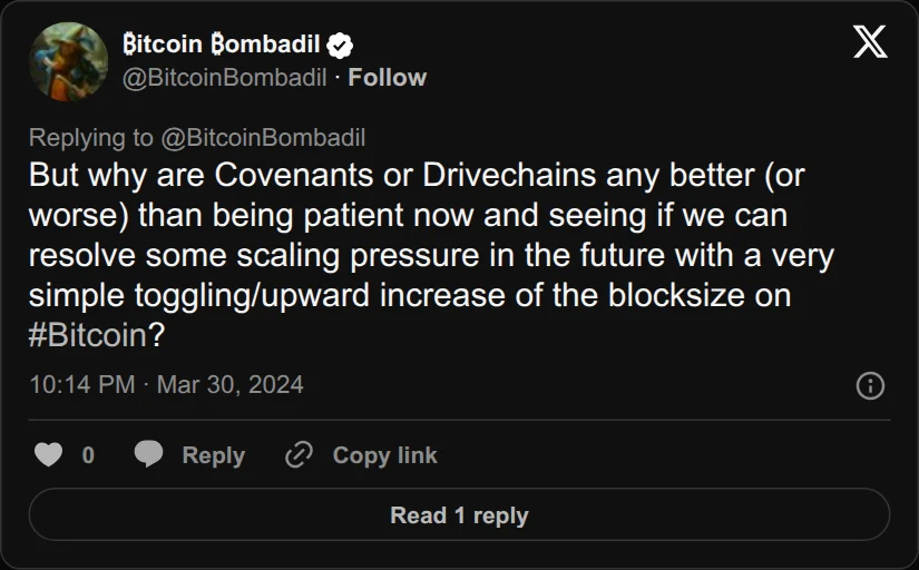 Archival rendering of an X post by Bitcoin Bombadil: “Why are Covenants or Drivechains any better … than being patient now?”