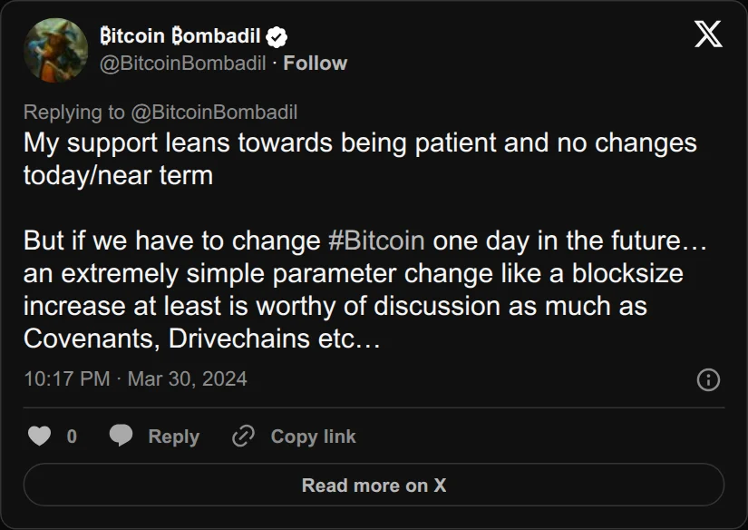 Archival rendering of an X post by Bitcoin Bombadil: “My support leans towards being patient and no changes today or near term.”