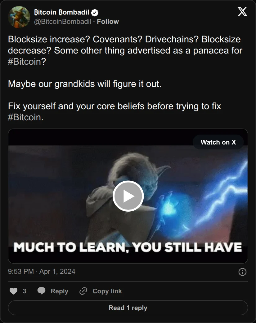 Archival rendering of an X post by Bitcoin Bombadil: “Blocksize increase? Covenants? Drivechains? … Maybe our grandkids will figure it out.”
