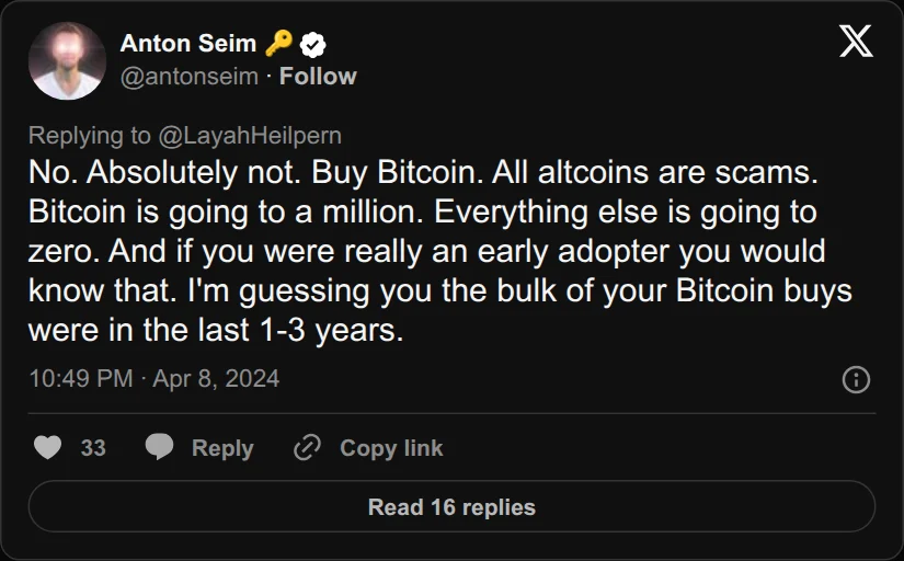 Archival rendering of an X post by Anton Seim: “Buy Bitcoin. All altcoins are scams. Bitcoin is going to a million. Everything else is going to zero.”