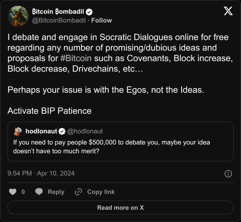 Archival rendering of an X post by Bitcoin Bombadil: “Promising/dubious ideas and proposals … Covenants … Drivechains … Activate BIP Patience.”