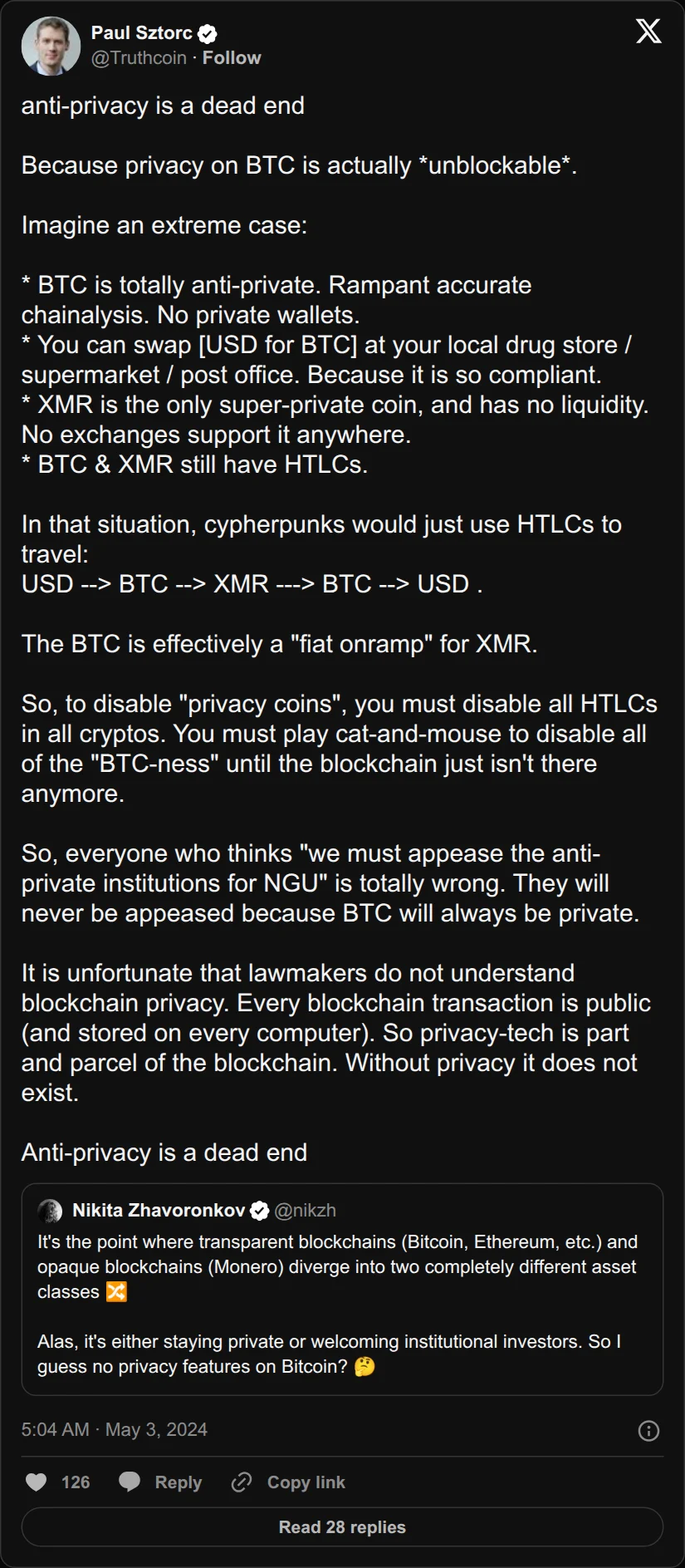 Archival rendering of an X post by Paul Sztorc: “anti-privacy is a dead end Because privacy on BTC is actually *unblockable*. Imagine an extreme case: * BTC is totally anti-private. Rampant accurate chainalysis. No private wallets. * You can swap [USD for BTC] at your local drug store / supermarket / post office. Because it https://t.co/6yRWoKLcRR”