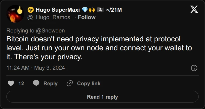Archival rendering of an X post by Hugo Ramos: “Bitcoin doesn’t need privacy implemented at protocol level.”