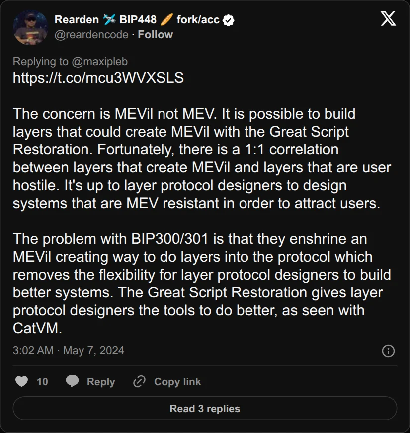 Archival rendering of an X post by Rearden: “BIP300/301 … enshrine an MEVil-creating way to do layers into the protocol.”