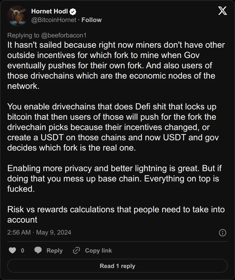 Archival rendering of an X post by Hornet Hodl: “Users of those drivechains … will push for the fork the drivechain picks because their incentives changed.”