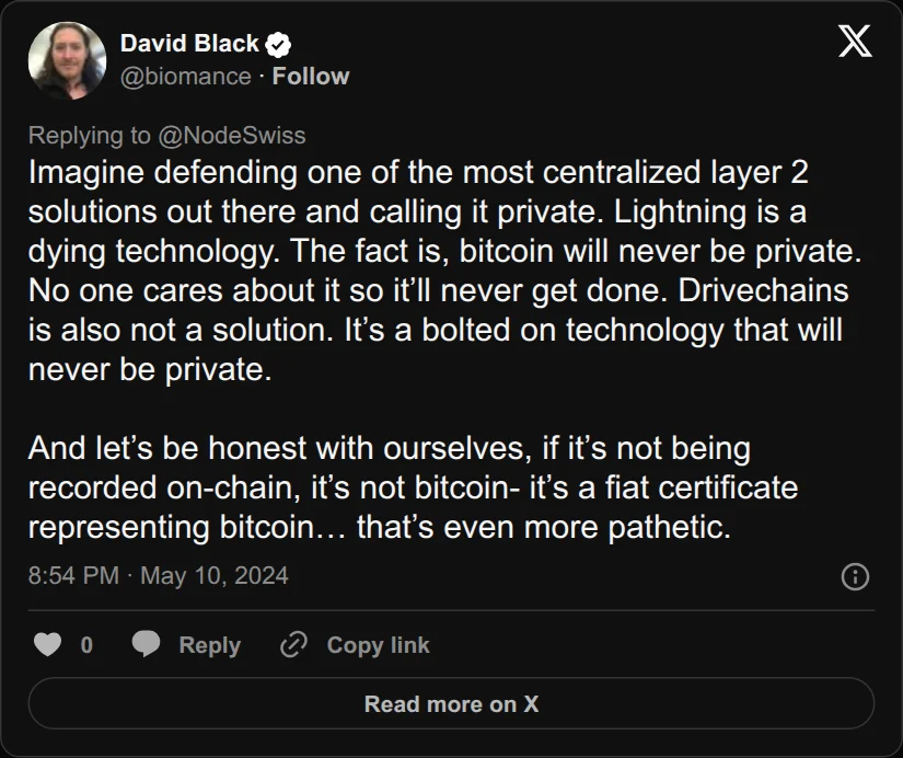 Archival rendering of an X post by David Black: “If it’s not being recorded on-chain, it’s not bitcoin—it’s a fiat certificate representing bitcoin.”
